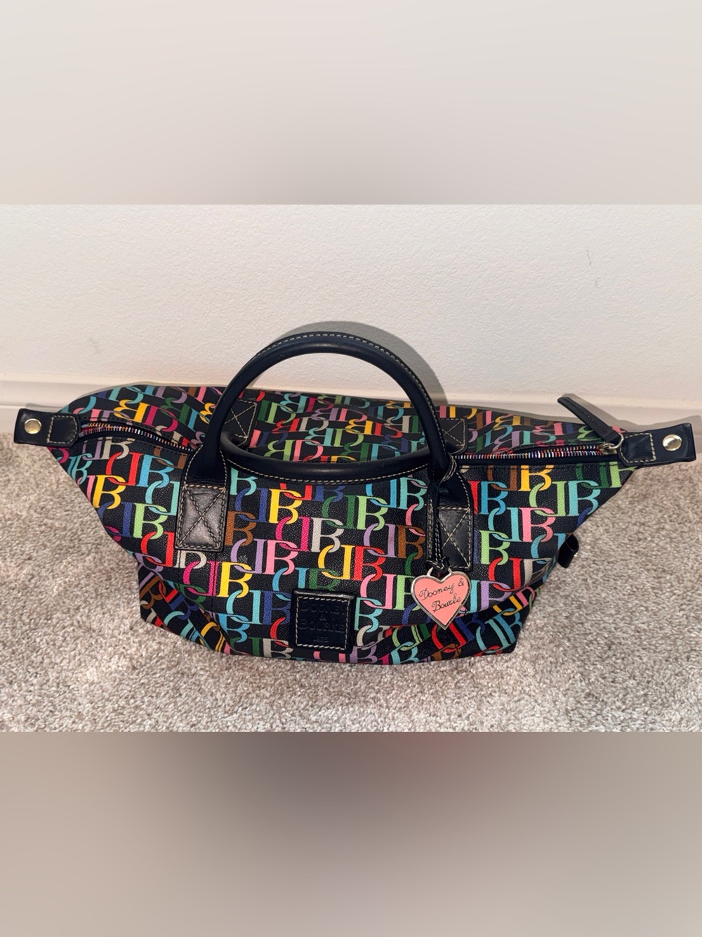 Dooney & Bourke Multicolor Logo Satchel with Black Trim and Pink Heart Charm